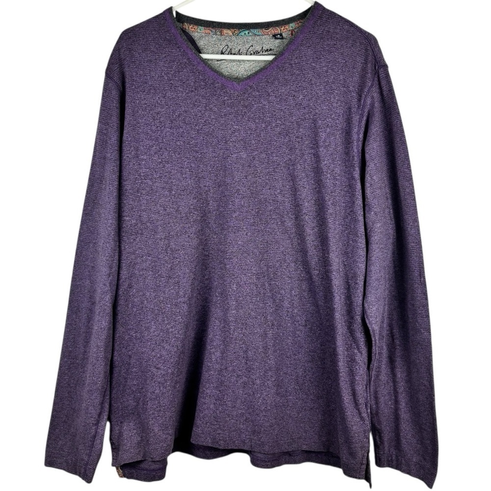 Robert Graham Cotton Long Sleeve Men’s Shirt Purple V-Neck Soft Minimalist